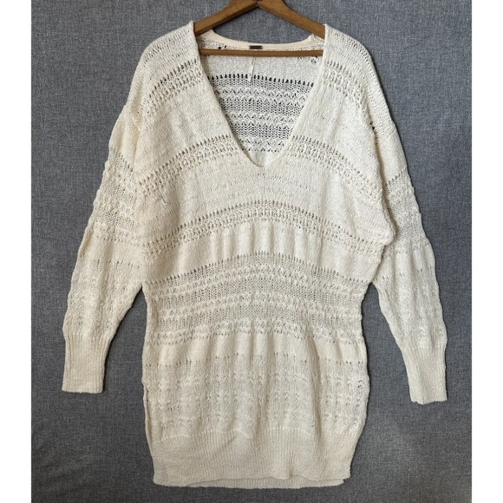 Free‎ People Women's Cream Knit Sweater Dress Oversized Deep V-Neck Pullover M